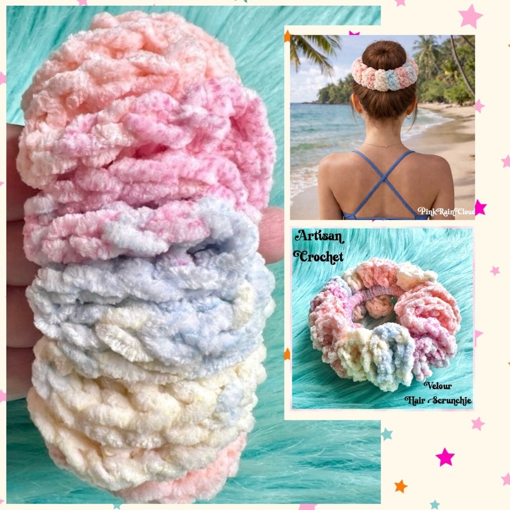 Handmade Crochet VELVET Pastel Beach Sunset Hair Scrunchie PinkRainCloud